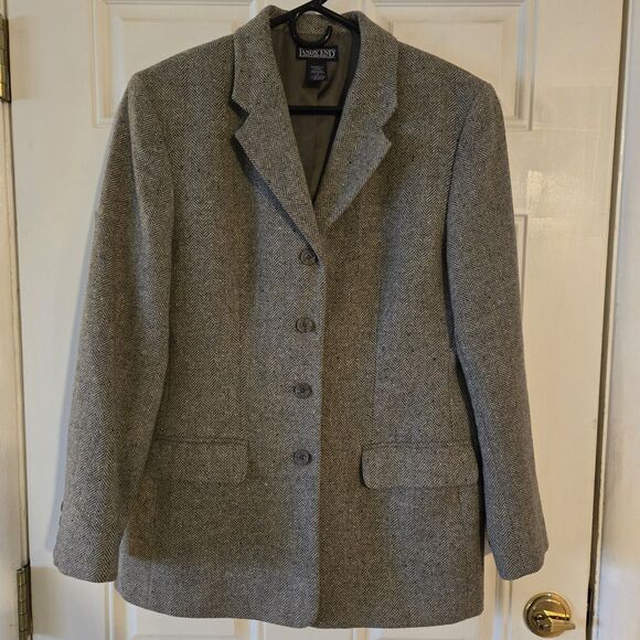 Lands’ End Women’s Blazer Size 12 Gray Herringbone Wool Jacket Classic Vintage - Picture 1 of 9